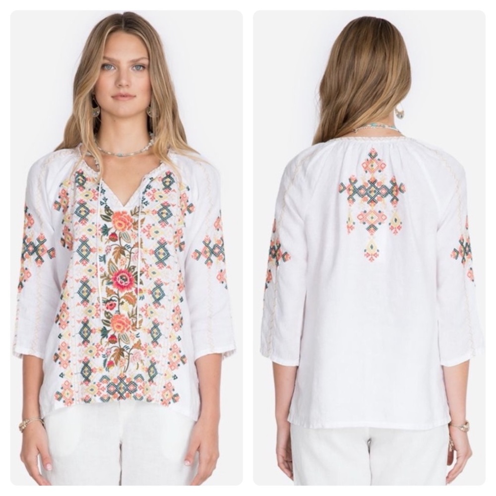 Johnny Was Chandra White Linen Peasant Blouse. Medium